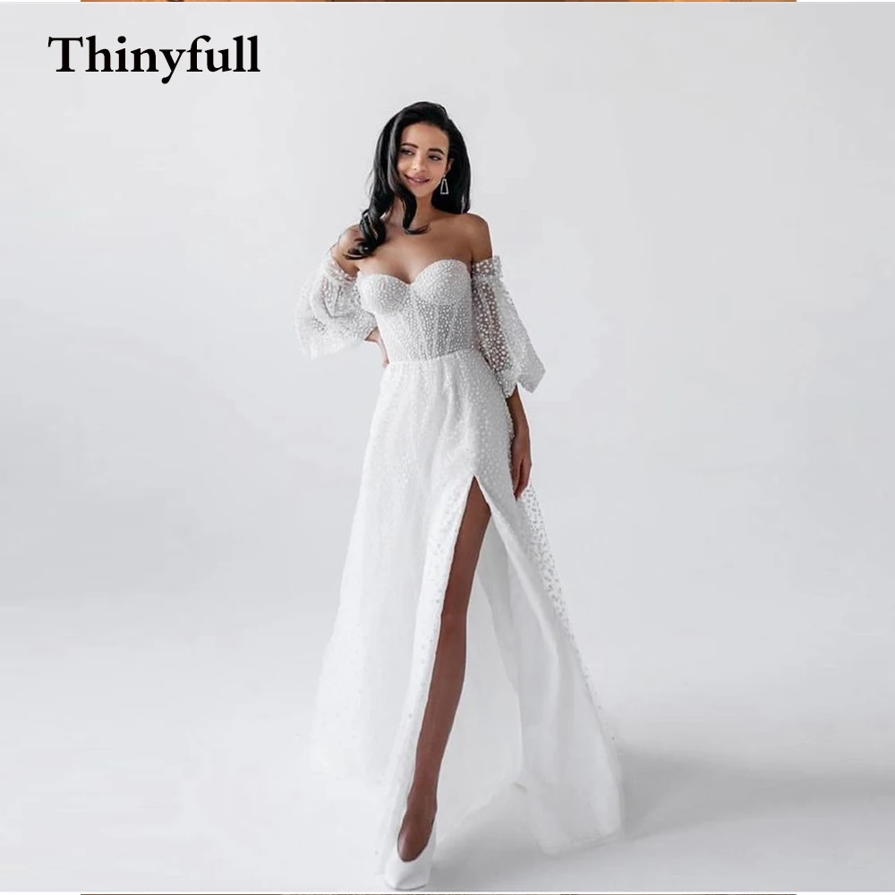 

Eightree Bling Glitter Long Side Slit Boho Wedding Dresses Sparkly Sequines Puff Sleeves Beach Bridal Gown Country Bride Dress