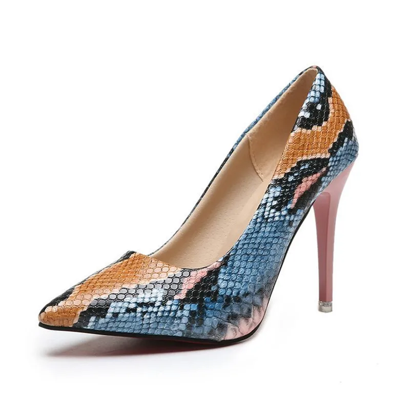 

Pointed toe snake pattern print stiletto high heels pumps large size women shoes casual design fashion ladies shoes fashion