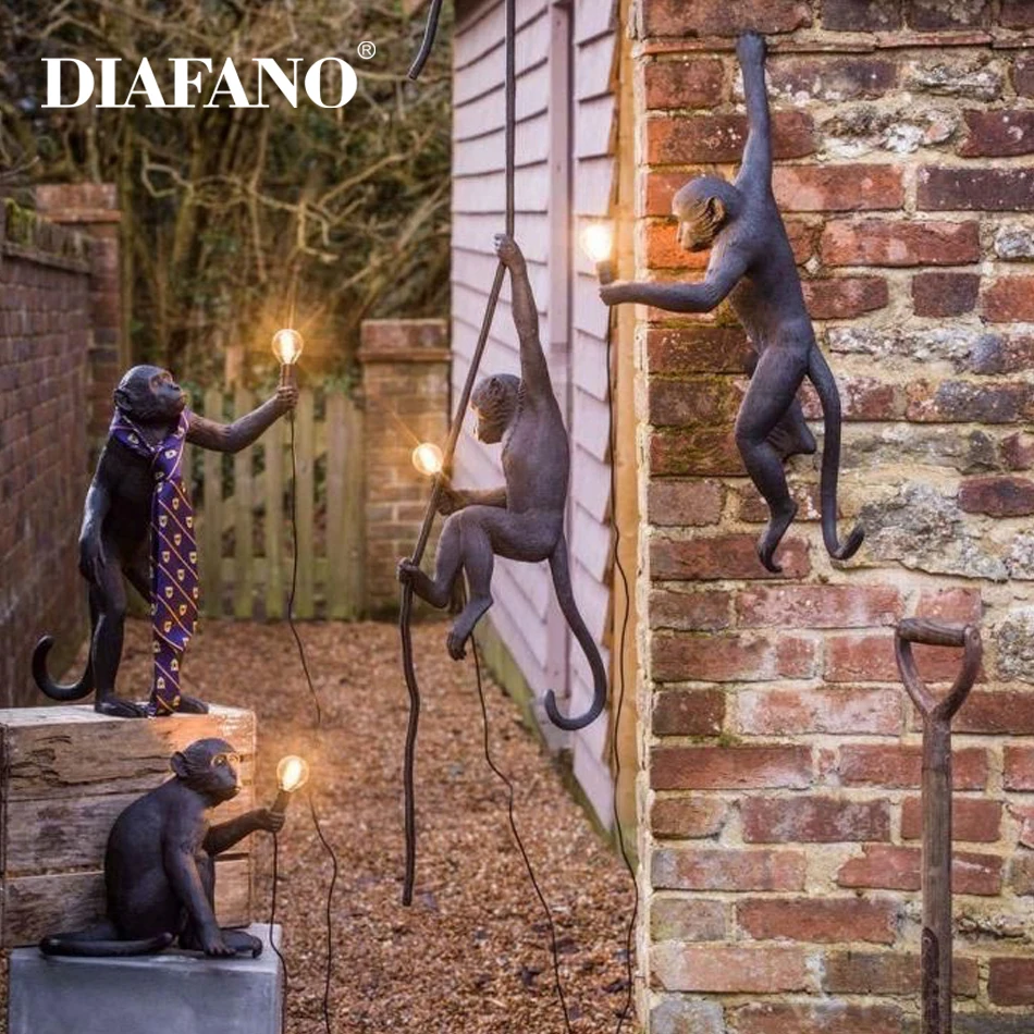 

Resin Monkey Pendant Lamps Hemp Rope Monkey Lamp Wall Living Room Monkey Lights animal Luminanaria Decoration Hanging Lamp E27