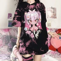 t shirt womens summer gothic punk harajuku cartoon lovely girl printing oversize pattern tie dye loose short sleeve top fashion