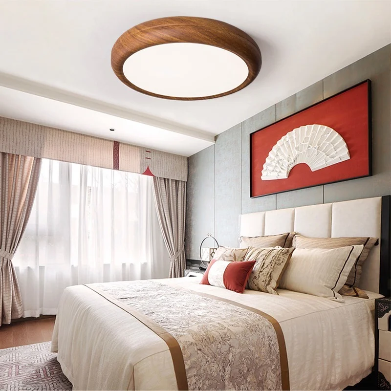 

New Chinese style ultrathin ceiling lamp walnut color Chinese style living room ceiling lamp solid wood round bedroom loft lamps
