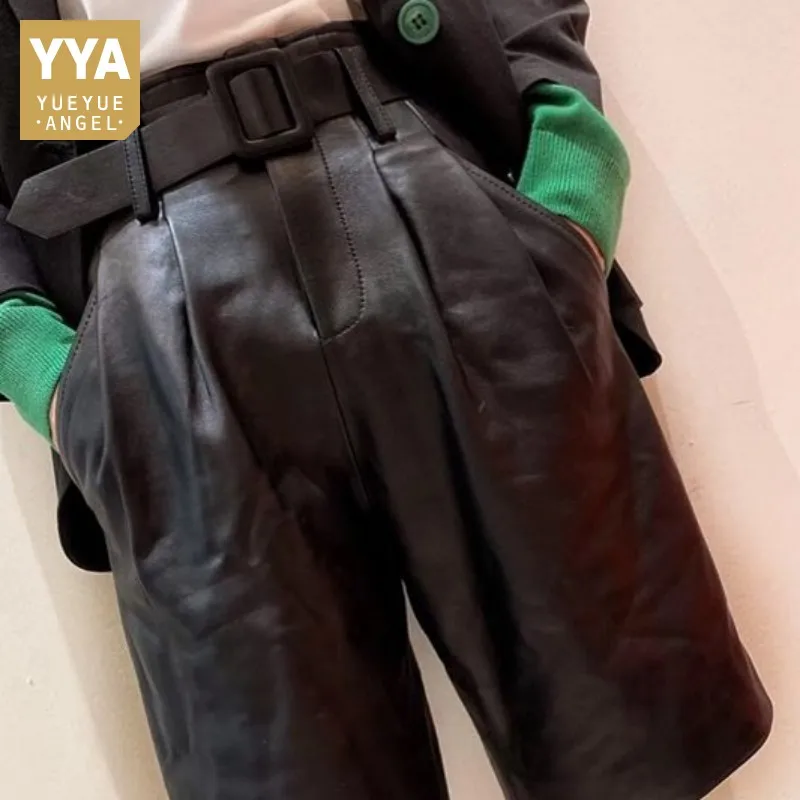 Женские шорты из 100% натуральной кожи повседневные широкие уличные черные овчины