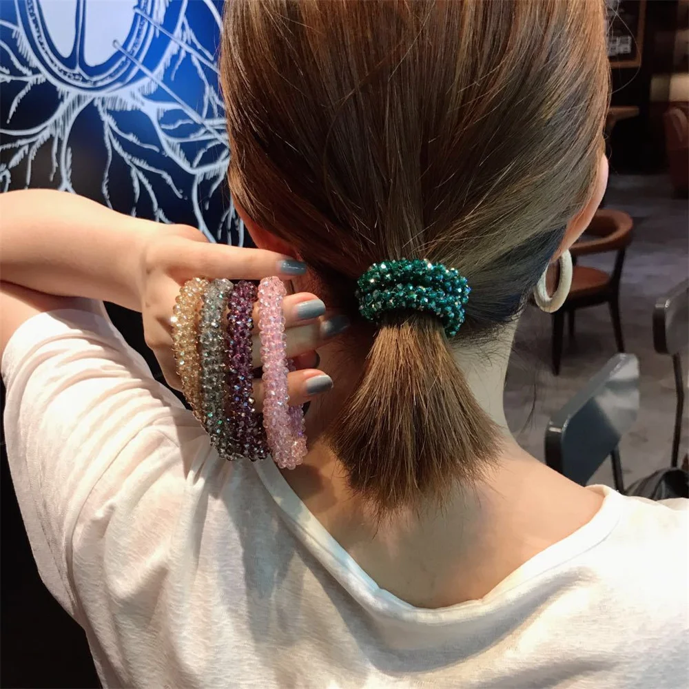 

Женские резинки для волос Scrunchies, Однотонные эластичные резинки с бисером, украшенные серебряными бусинами
