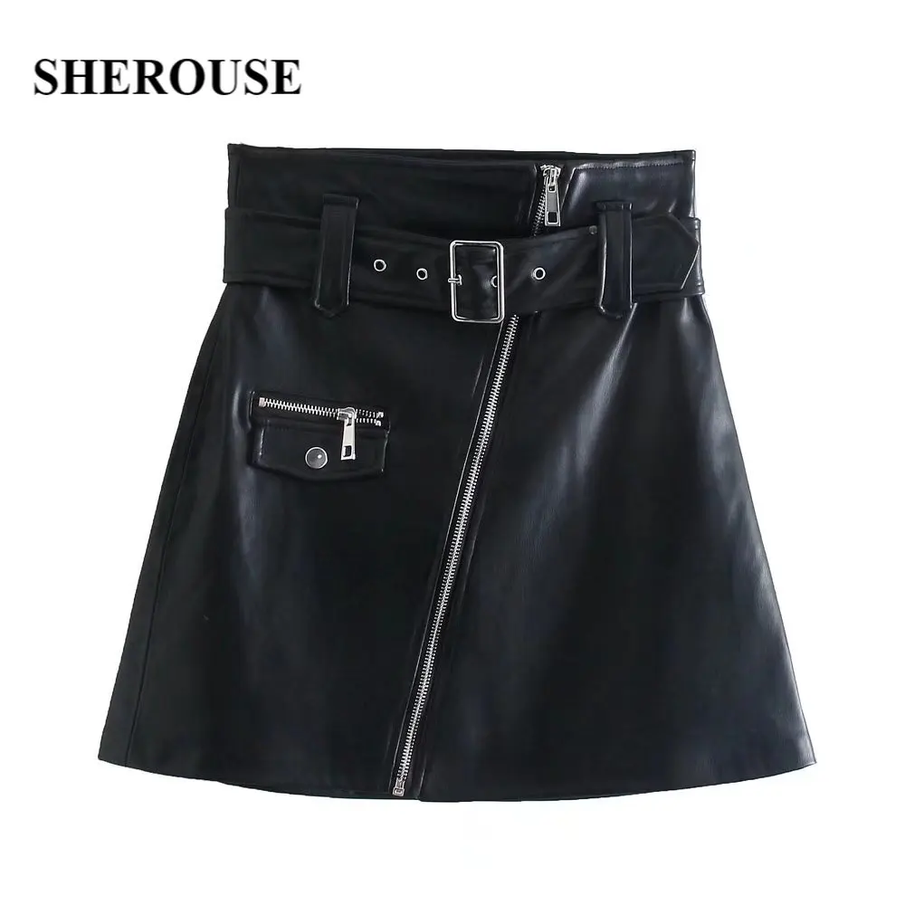 

Sherouse Women Fashion Faux Leather Skirt with Blet High-waist Zip Decoration False Pockets Flared Hem Chic Lady Woman PU Skirt