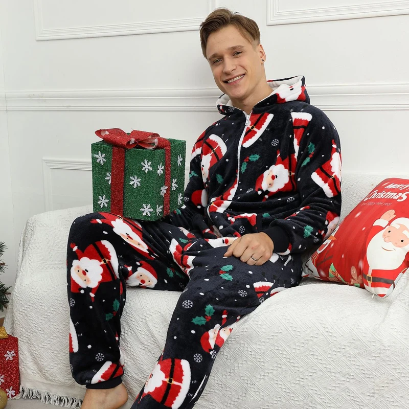 Winter Flannel Warm Sleepwear 2021 New Christmas Print One-piece Men's Pajamas Set Homewear