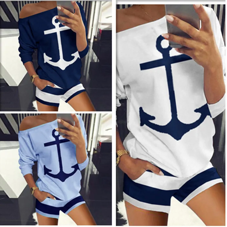 

2021 new European and American women's T-shirt shorts suit navy anchor printing two-piece suit