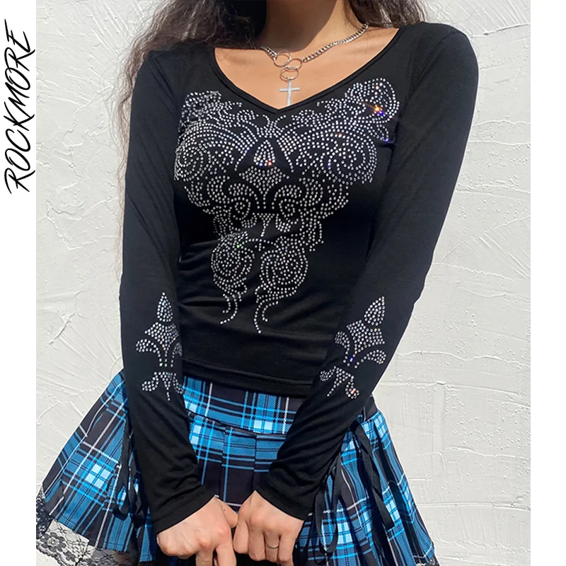 

Rockmore Rhinestone Graphics T-shirt Autumn Women Casual V Neck Long Sleeve Top Korean Knit Basic Tee Shirt Grunge Fairycore