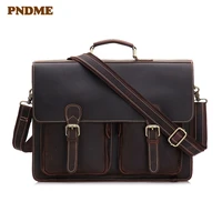 vintage high quality crazy horse cowhide mens briefcase business handbag natural genuine leather laptop shoulder messenger bags