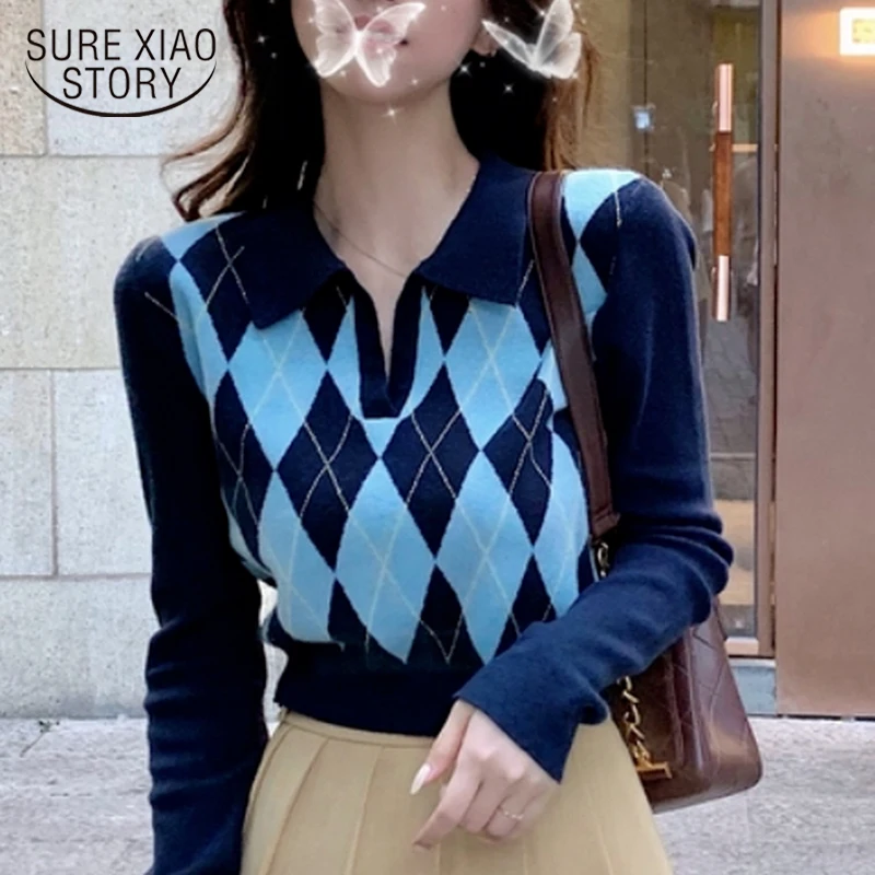 

Fashion Sweater College Style Argyle Sweaters 2022 Autumn Knitted Jumper V-neck Pullover New Bottoms Clothes Pull Femme 16474