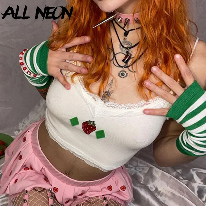 

ALLNeon Kawaii Y2K Streetwear Strawberry Embroidery Lace Trim Crop Top Cute Aesthetics 2000s Straped Sleeveless White Cami Tops