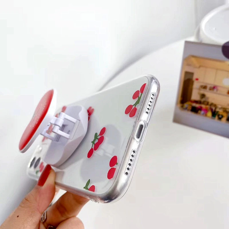 

Luxury Love Heart Stand Holder Phone Case For iPhone 11Pro MAX Case SE XS MAX XR X 7 8 Plus Cute Cherry Transparent Soft Cover