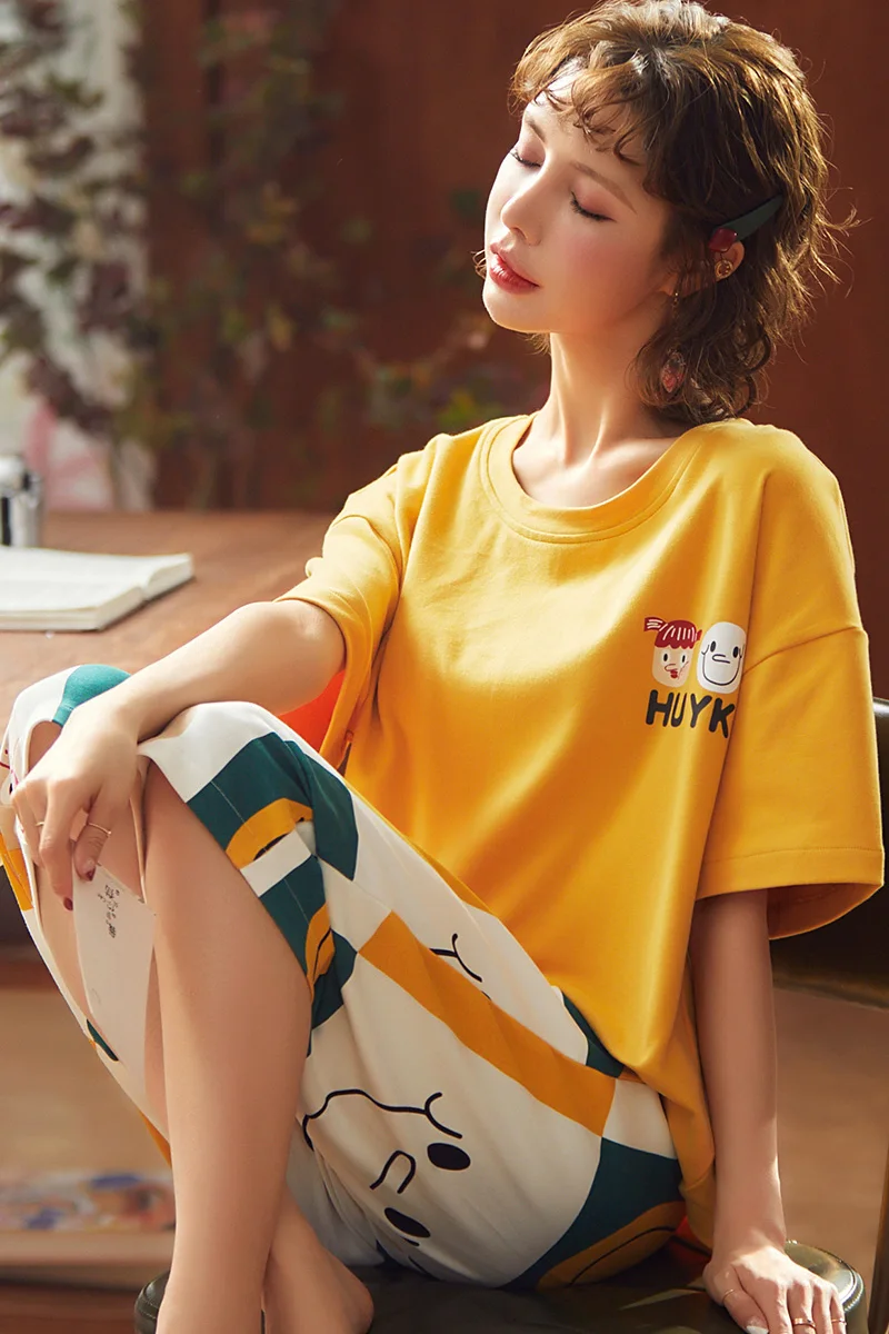 

Ladies O-Neck Cartoon Nightwear Yellow Women's T-shirt Sleepwear Summer Cotton Comfortable Casual Short Sleeve Women Pajamas Set