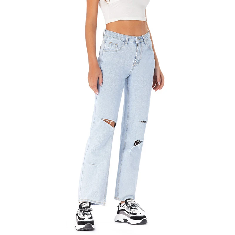 

Denimcolab Vintage Loose Holes Jeans Mujer Pants Women 2021 High Waist Plus Size Fashion Ladies Casual Straight Pants Mom Jeans