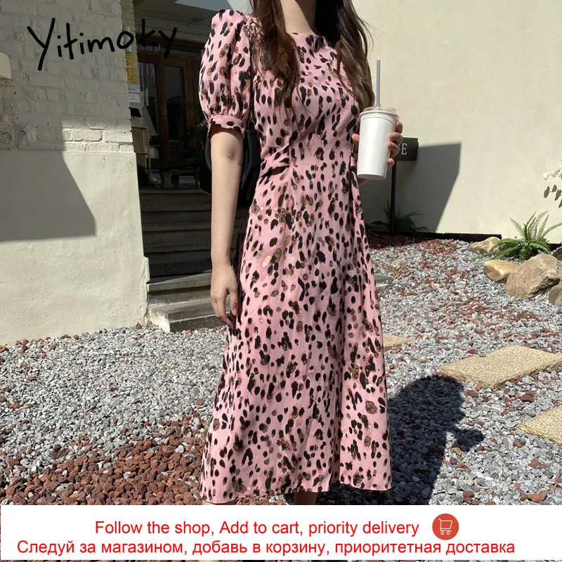 

Yitimoky Vintage Woman Dress O-Neck Puff Sleeve 2021 Summer Fashion New High Waist Pink Leopard Slim Chiffon Dresses Lace Up