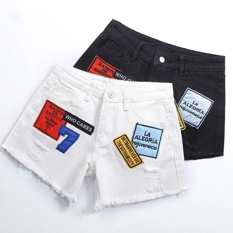

Plus Size Denim Ripped Short Jeans Women Summer Korea Black Letter Print Harajuku Mini Skinny Sexy Club Jeans Shorts Mujer