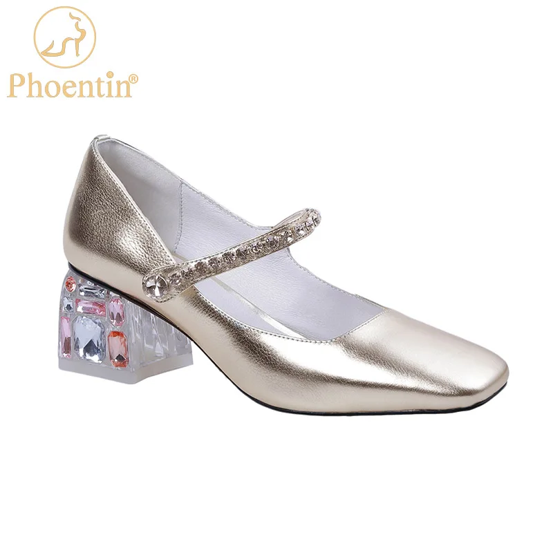 Женские золотистые туфли с квадратным носком phoety свадебные на каблуке цветными