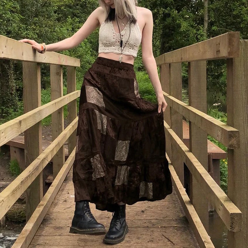 

Y2k Patchwork Long Skirts Printed Boho Grunge Fairyore Retro Skirts Kawaii Holiday Brown Pleated Skirts Women Elegant