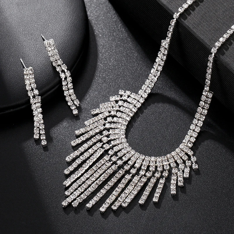 Classic Flash CZ Stone Jewerly Set Multi-layer Tassel Design Silver Color Necklace&ampEarring For Women Wedding Party Sets 2020 New |