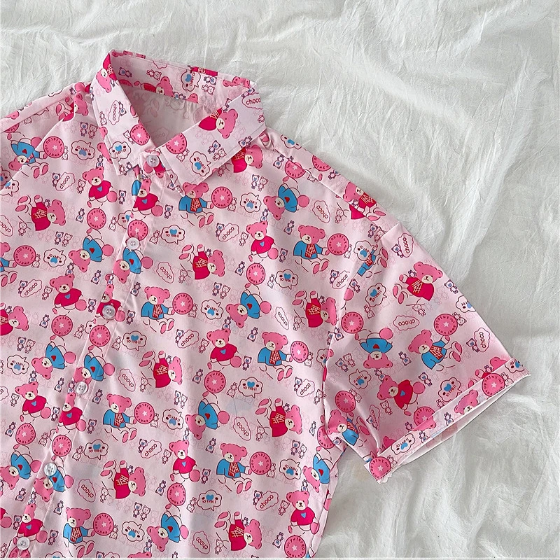 

EBAIHUI 2021 Pink Cartoon Print Shirts Blouses Woman New Summer Fashion Short Sleeve Blusa Shirts Casual Sweet Female Top LQ10