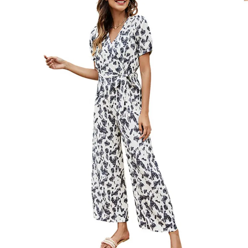 

Womens V-Neck Short Sleeve Jumpsuit Long Wide Leg Pants Playsuit Romper Summer
