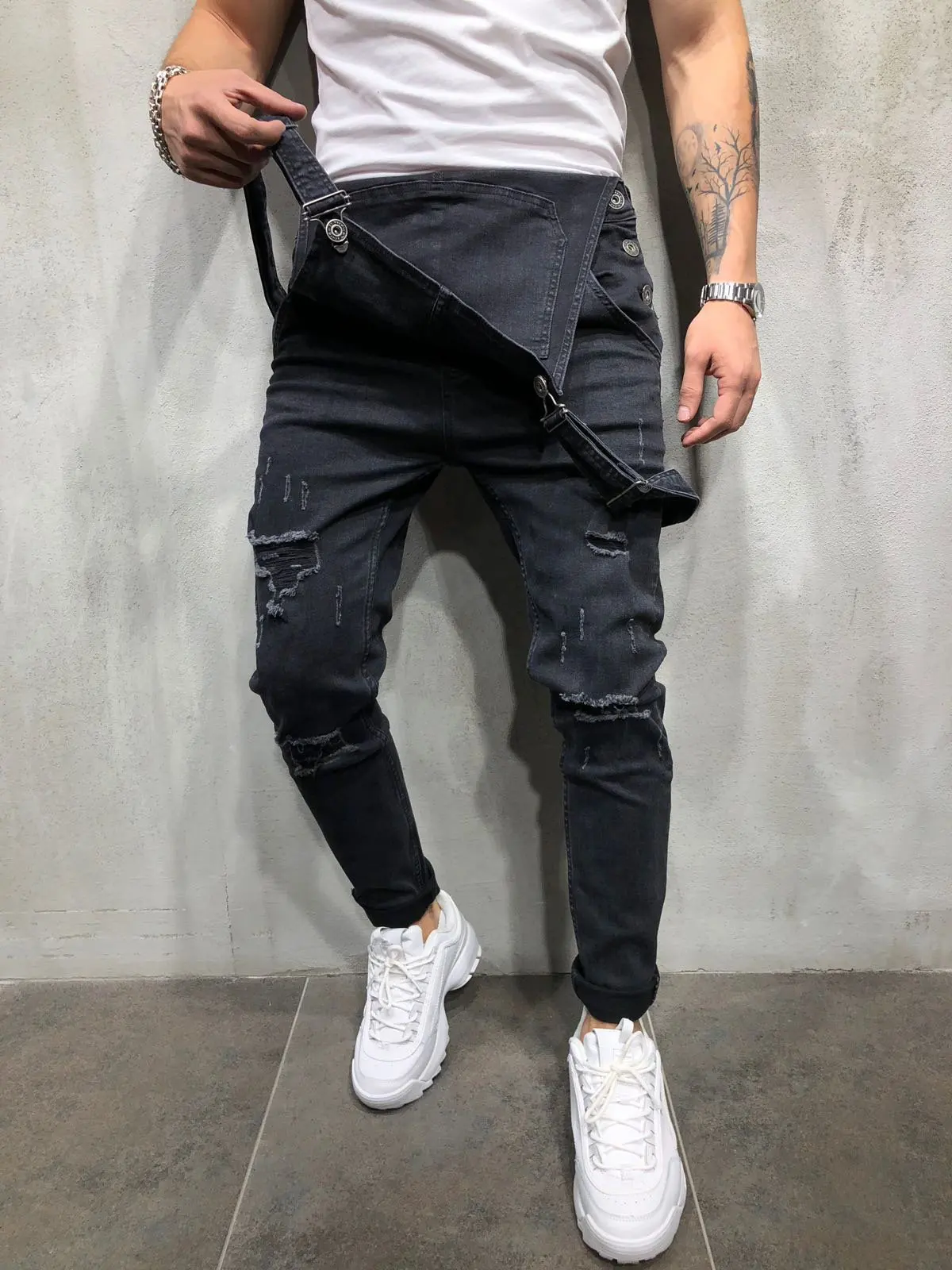 

2021 Men Jeans Ripped Distressed Overalls Safari Style Solid Denim Pants Slim Fit Pencil Pant Full Length Trousers Male Clothing