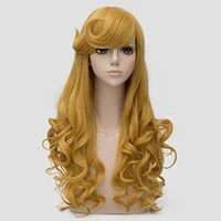 princess aurora wig long golden wavy styled bangs heat resistant synthetic hair cosplay costume wigs wig cap