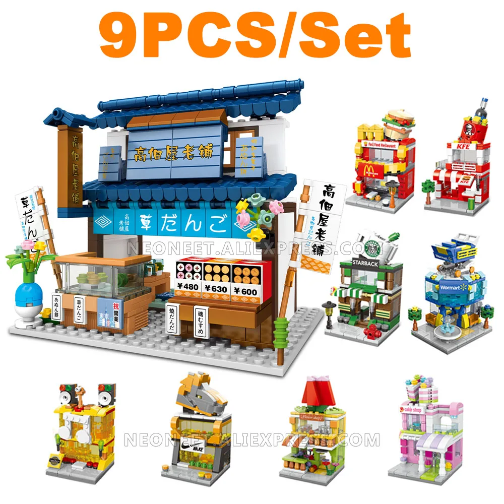 

Sembo City Street View Architecture Japan Food Shop House Retail Store Restaurant Sushi Takoyaki Ramen Model Building Block Toys