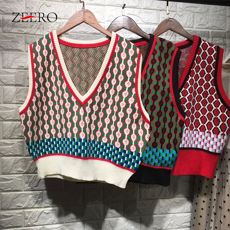 

Уличная одежда, вязаный жилет с узором ромбиками, женский осенне-зимний свитер без рукавов с V-образным вырезом, укороченный топ, жилет, женс...