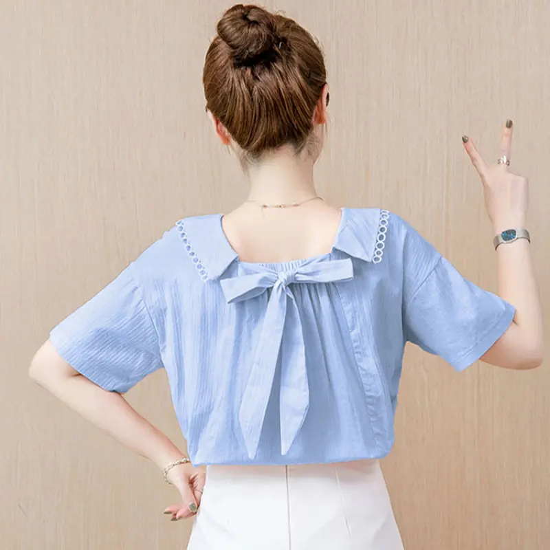 

Shirt Women Blouse Bow Solid Shirts Chiffon Peter Pan Collar Neck Butterfly Sleeve Shirts Blusas Vintage Clothes Shirts Tops Wom