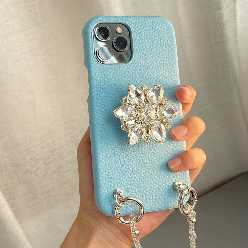 

For Iphone 12 11 Pro Max Cases Hexagonal Diamond Bracket Leather Phone Case for Iphone 12 Mini 11 Promax Cover with Long Chain