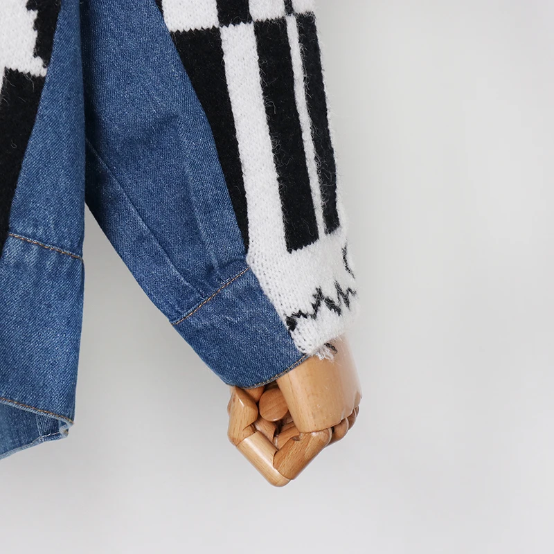 

SISPELL Print Hit Color For Female Sweater Patchwork Denim V Neck Long Sleeve Loose Womens Casual Knitted Sweater Fashion Tide