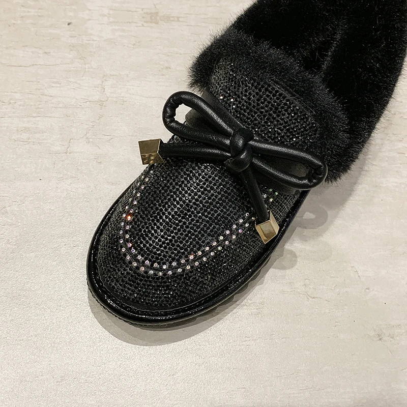 Shiny Glitter Snow Boots Women Fashion Warm Plush Ankle Boots Woman Non Slip Botas Mujer Butterfly-knot Decoration