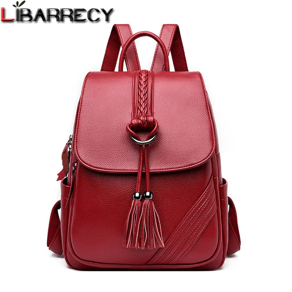 

Плетеный рюкзак с кисточками, Женский брендовый кожаный рюкзак, большой емкости, школьная Наплечная Сумка для девочек, дорожная сумка с защ...