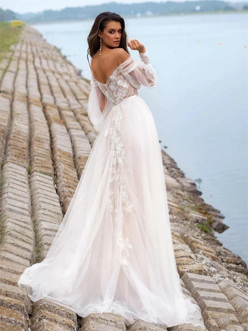 

Beach Wedding Dresses A-line Long Sleeves Tulle Appliques Lace Boho Dubai Arabic Wedding Gown Bridal Dress Vestido De Noiva