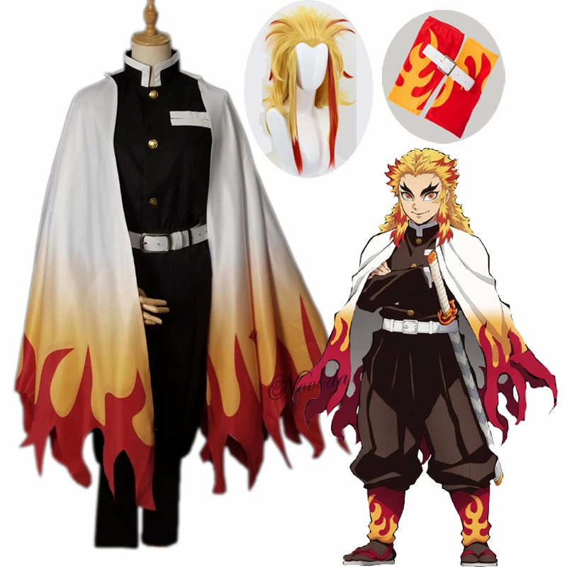 Костюм для косплея Rengoku Kyoujurou из аниме рассекающий демонов кимоно парик|Костюмы