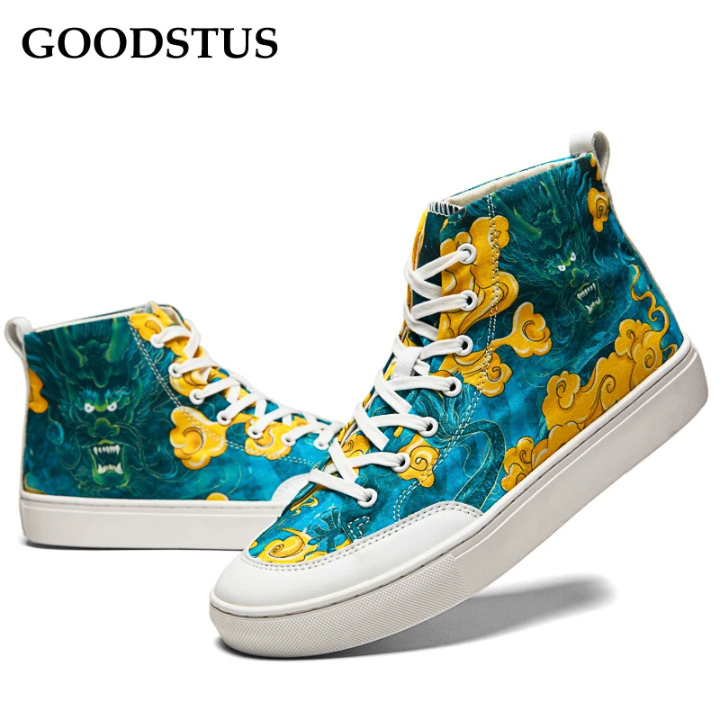 GOODSTUS Men Canvas Shoes Chinese Style Cyan Dragon Comfortable Breathable High Top Fashion Quality Couple Shoe Hot Sale | Обувь