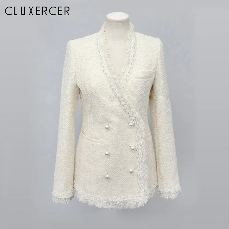 Женская твидовая куртка с длинным рукавом черная или белая Элегантная V образным