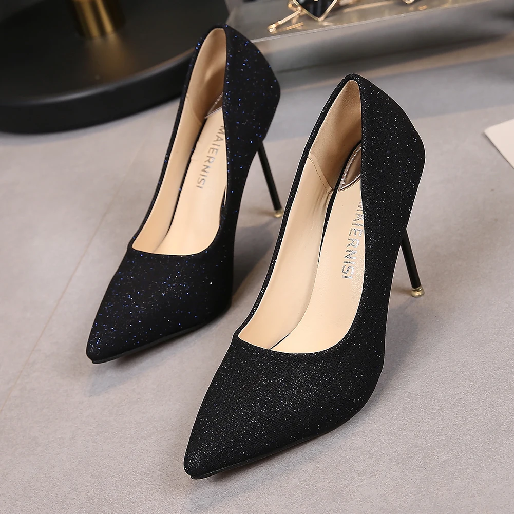 

Classic Black Sequin Cloth Women Pumps Thin High Heels Shoes 10cm Stilettos Ladies Office Work Shoes Plus Size 34-44 DA0094
