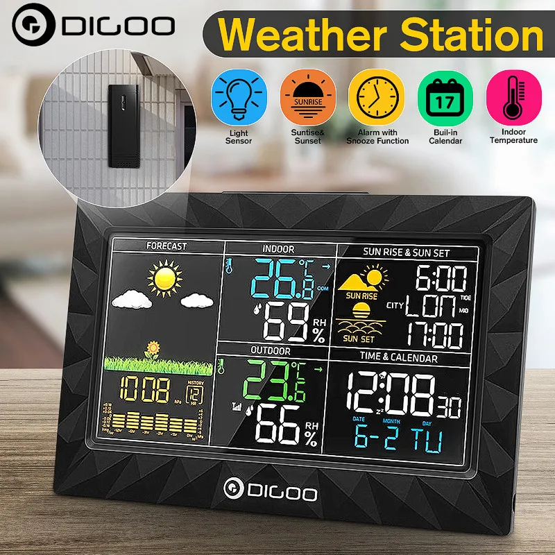 DIGOO-Estación Meteorológica DG-TH8988 para interiores y exteriores, termómetro LCD, barómetro de humedad, despertador, amanecer y atardecer, calendario