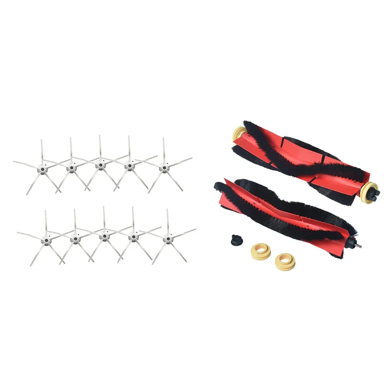 

12 Pcs Vacuum Cleaner Parts: 2 Pcs Main Brushes Orange-Black & 10 Pcs White 5 Arm Side Brush