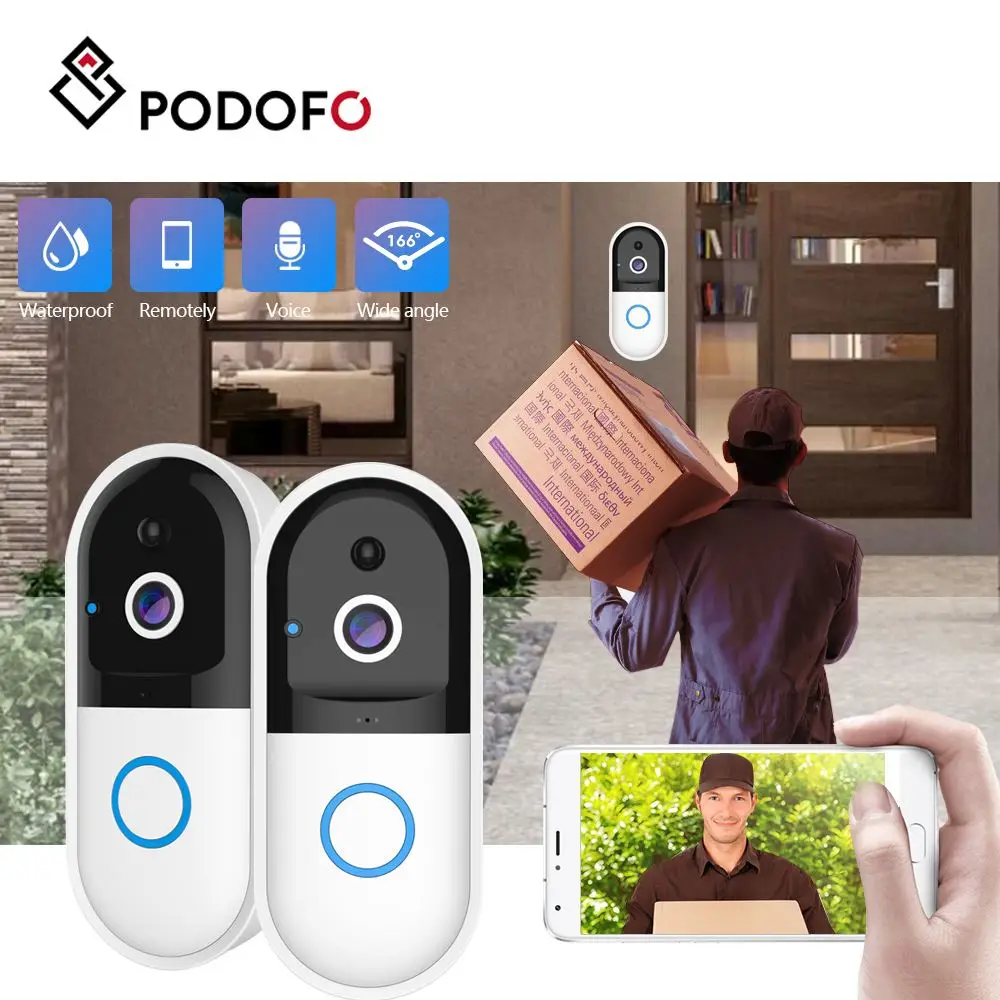 

Дверной звонок Podofo, умный, беспроводной, Wi-Fi, водонепроницаемый, визуальная запись, домашний монитор, ночное видение, камера безопасности