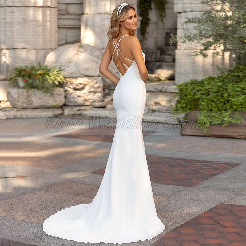 

Boho Spaghetti Straps Mermaid Wedding Dress 2021 Sexy V-Neck Sweep Train Sleeveless Backless Bridal Gowns