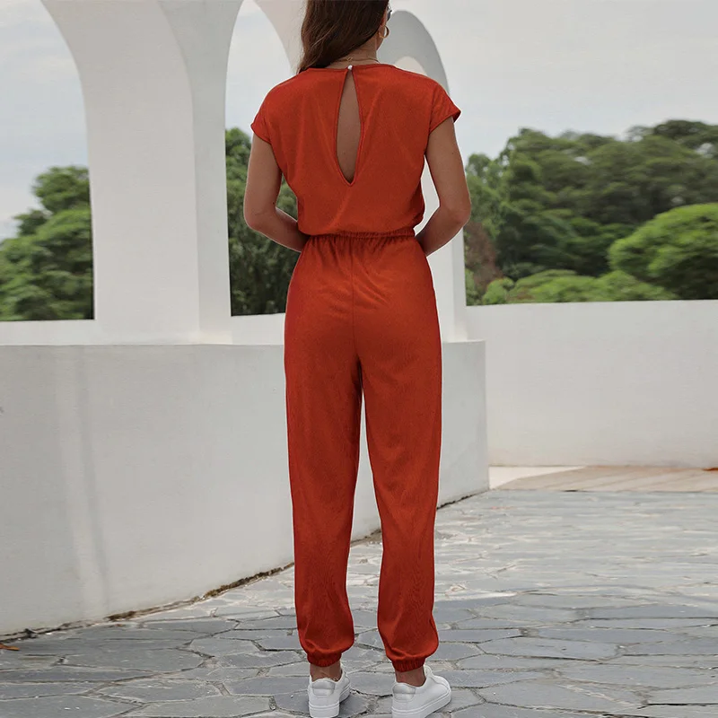 

O-neck Empire Solid Strawstring Women Jumpsuit Short Sleeves Patchwork Streetwear Simple Basic Summer Fashion New Trend 2021