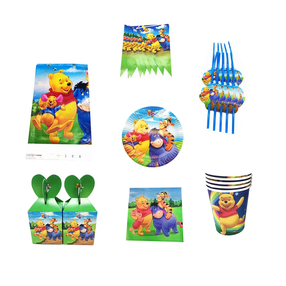 67pcs Disney Winnie The Pooh Cartoon Disposable Tableware Set Birthday Party Decorations Candy Boxes Plates Napkins Cup Straws