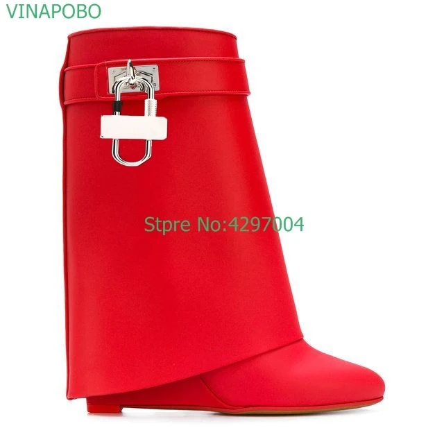 

Metal Shark Lock Leather Wedge Boots Height Increasing Ankle Boots Women Riding Boots Winter Shoes Motorcycle Boots Free Ship