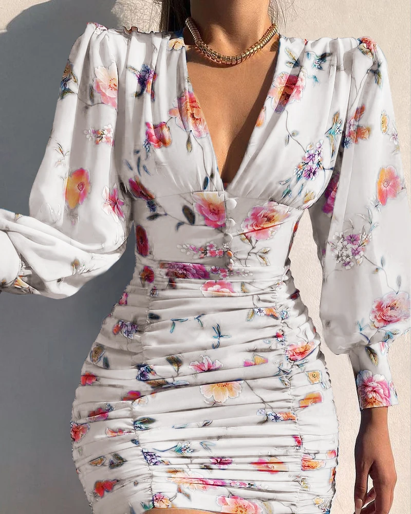

Fashion V Neck Puff Long Lantern Sleeve Floral Print Ruched Mini Bodycon Dress Elegant Streetwear Party Dress Sexy Women Robes