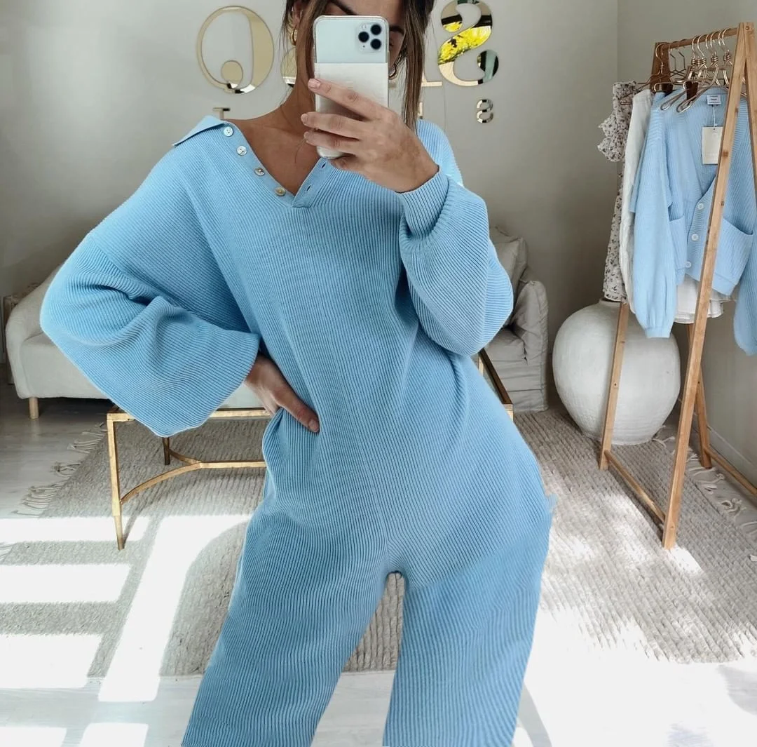 

Autumn Winter Ribbed Kint Jumpsuit Women Turn Down Collar Casual Ropmers Buttons Patchwork Jumpsuit Overalls Female Body