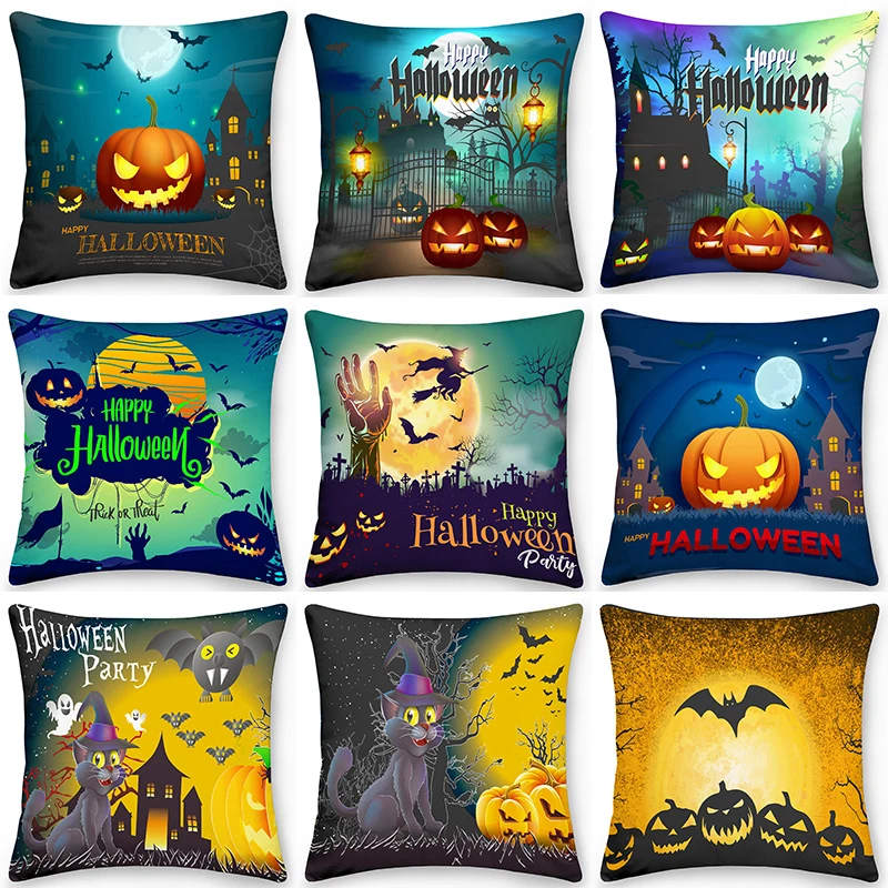 Funda de almohada de feliz Halloween, cubierta de coj&iacute;n de calabaza, murci&eacute;lago, fantasma, sof&aacute;, funda de almohada de cama, funda de coj&iacute;n de fiesta de terror para decoraci&oacute;n del hogar de 45cm-0