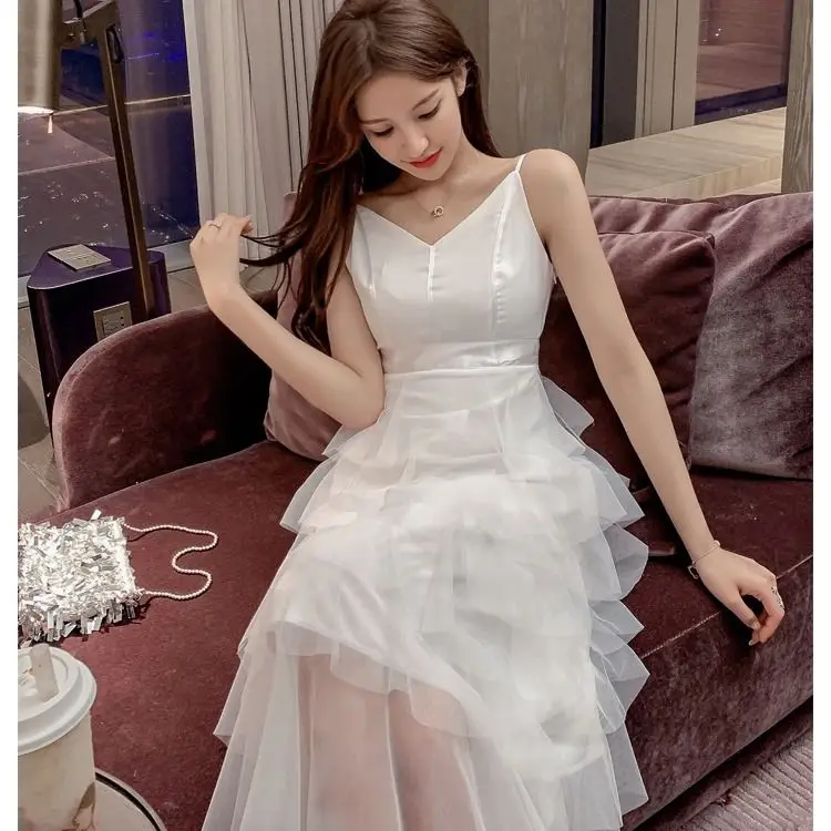 

Open back suspender dress women 2021 summer new mesh sexy temperament splicing super fairy long cake skirt
