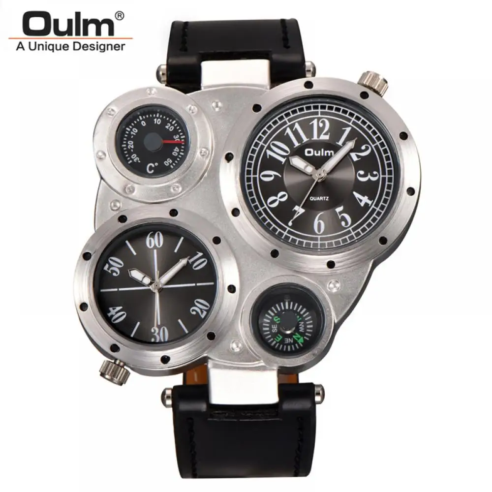 

Oulm New Male Watch Decorated Thermometer Compass Unique Designer Luxury Brand Men's Sport Watches Two Time Zone Men Wristwatch